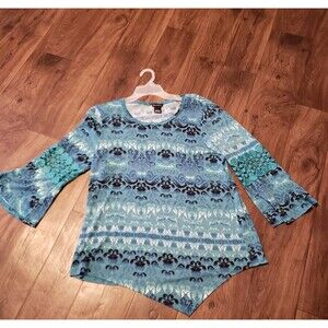 New Directions Green Blue Women's Blouse Bell Sleeve Sz L